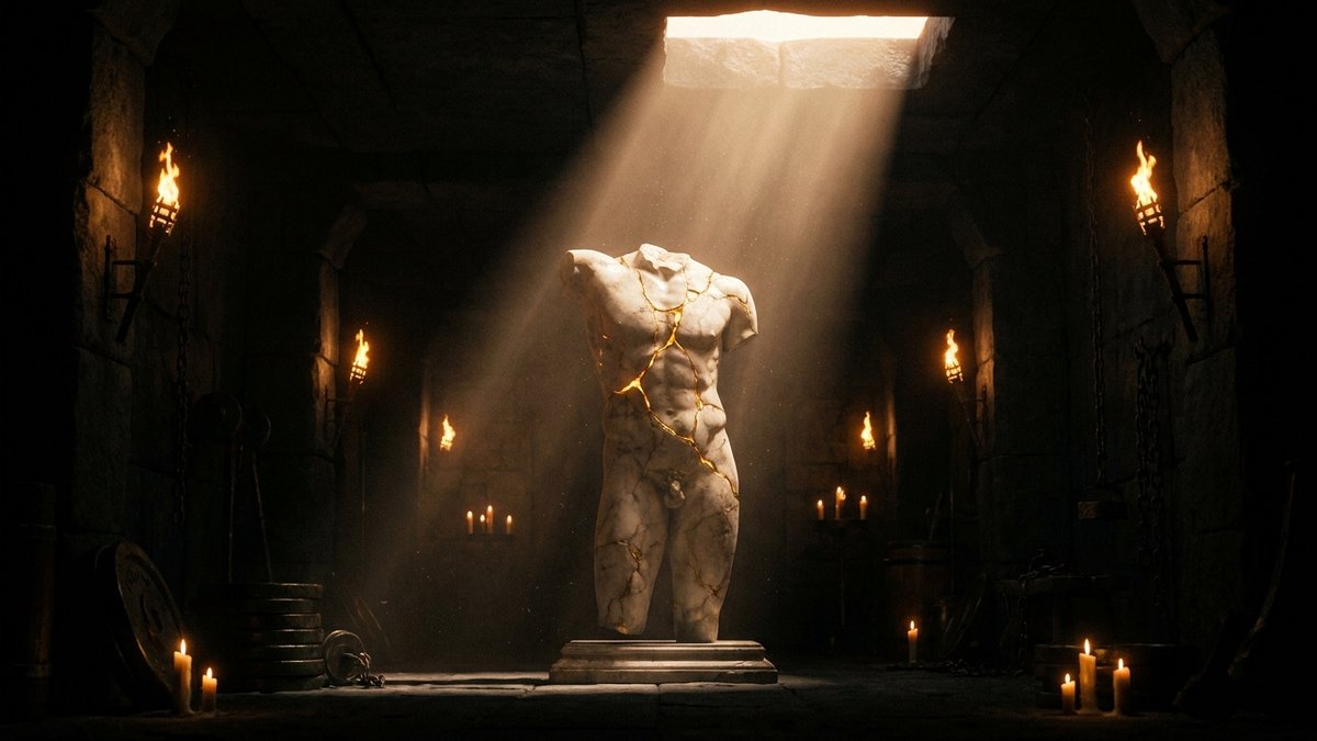 Torso de estatua griega con grietas doradas kintsugi bajo un haz de luz