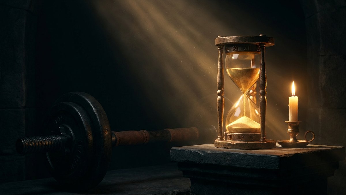 Reloj de arena dorado junto a una barra en penumbra: el tiempo se reanuda